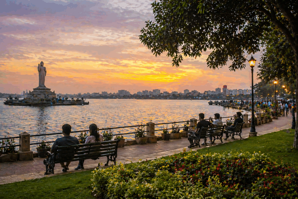 Lumbini Park lake view with evening breeze near Hussain Sagar